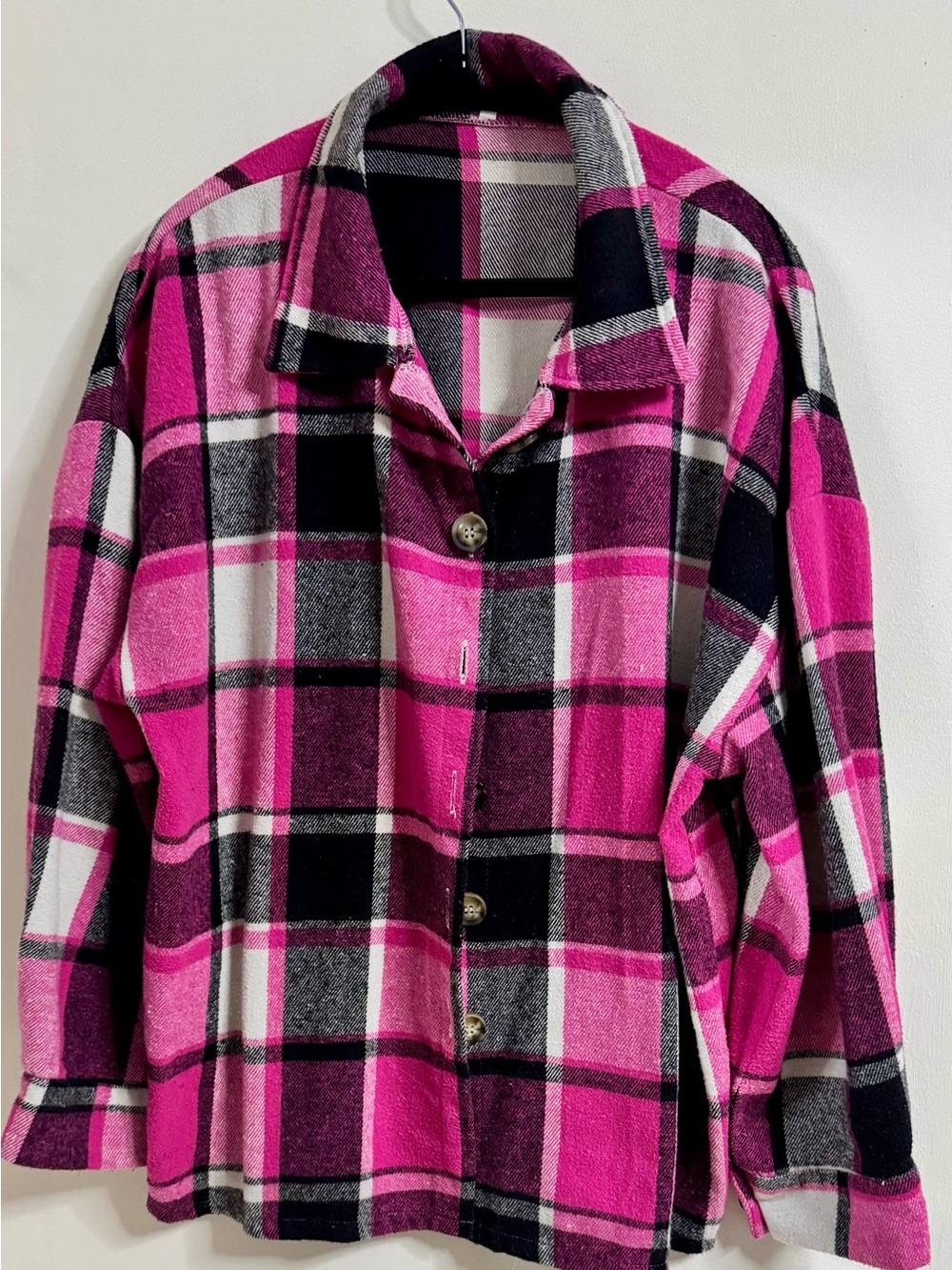Pink Plaid Button Front Flannel Shirt Jacket